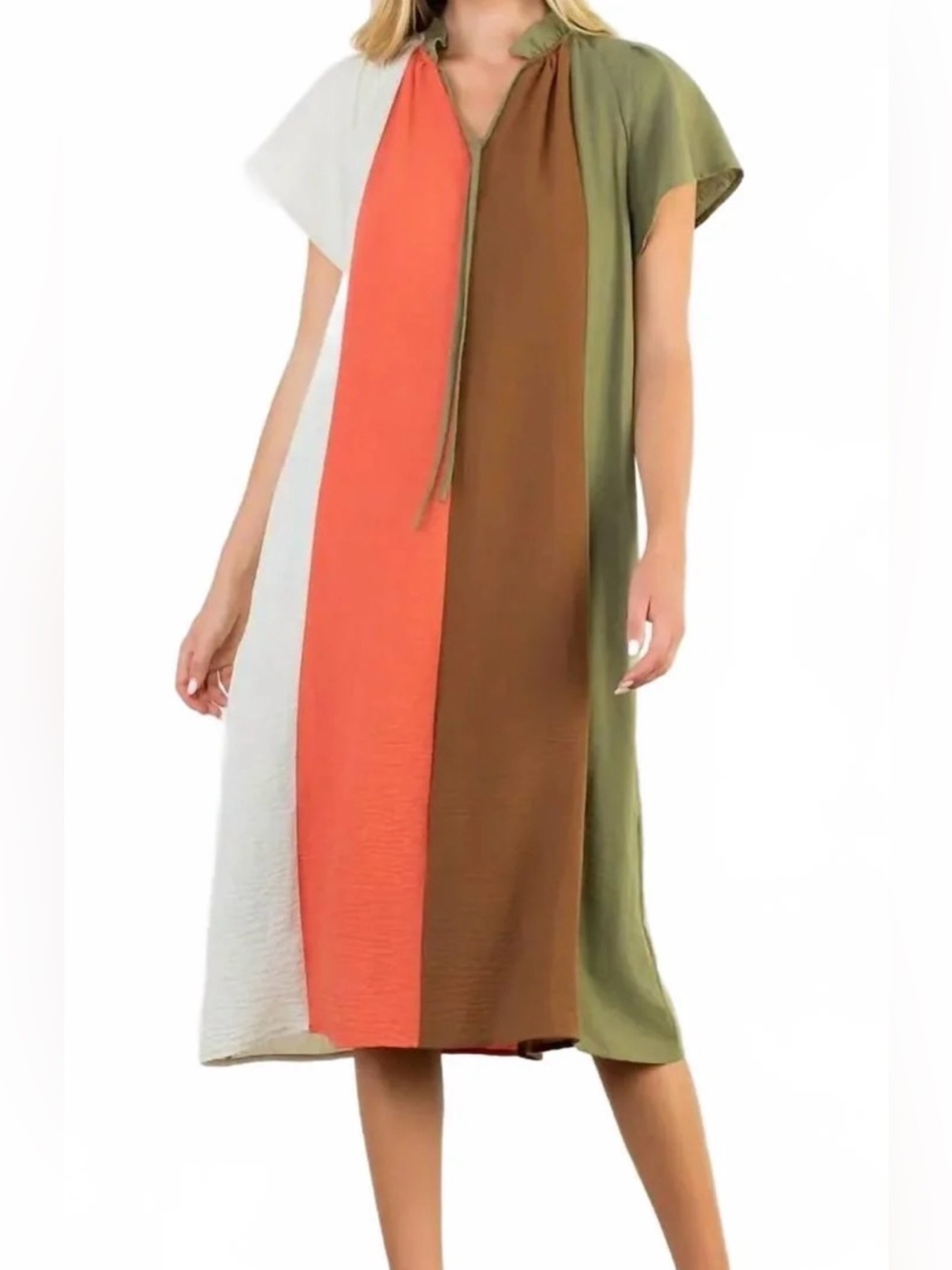 NEW THML Zoe Colorblock Midi Dress Large Olive Green Coral Orange Cream Boho